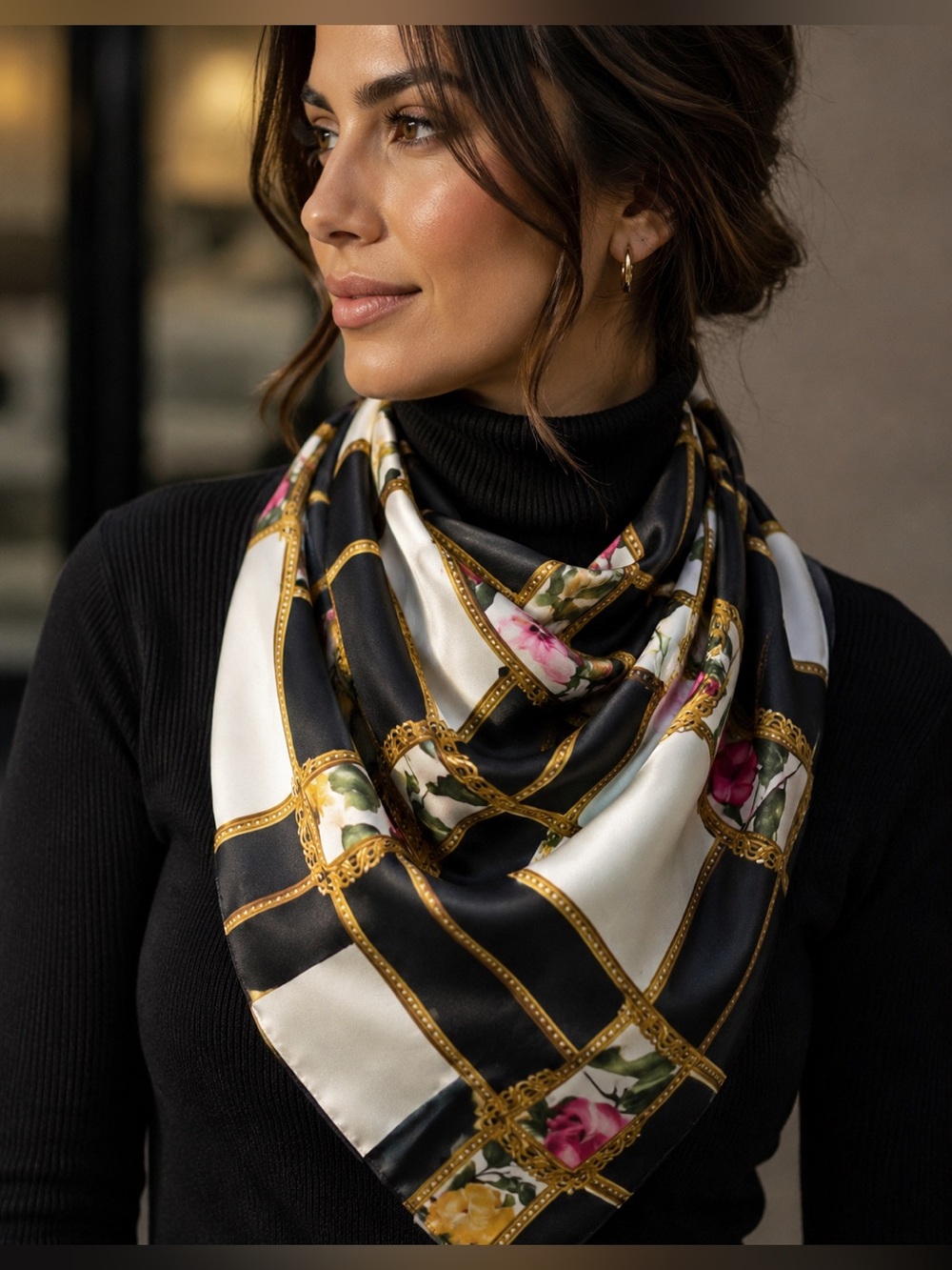 Luxury Black & White Floral Chain Print Satin Square Scarf